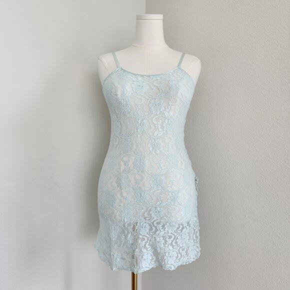 Vintage Y2K Cinema Etoile Blue Lace Slip Dress Stretch Bodycon Lace Up Side M - Picture 9 of 9